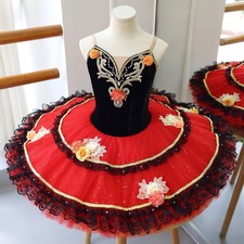Girls Black Red Ballet Tutu Dress Handmade Lace Floral Stage Costume