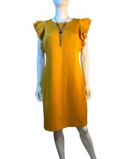 Tommy Hilfiger Mustard Ruffle Sleeve Shift Midi Dress Size 10 Office EUC