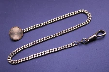 GOLD FILLED DOUBLE CURB LINK POCKET WATCH CHAIN & FOB 26cm LONG 3.3mm WIDE (HF)
