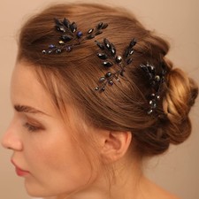 3 PCS Bridal Black Rhinestone Hair Pins Crystal Wedding Teardrop Accessories