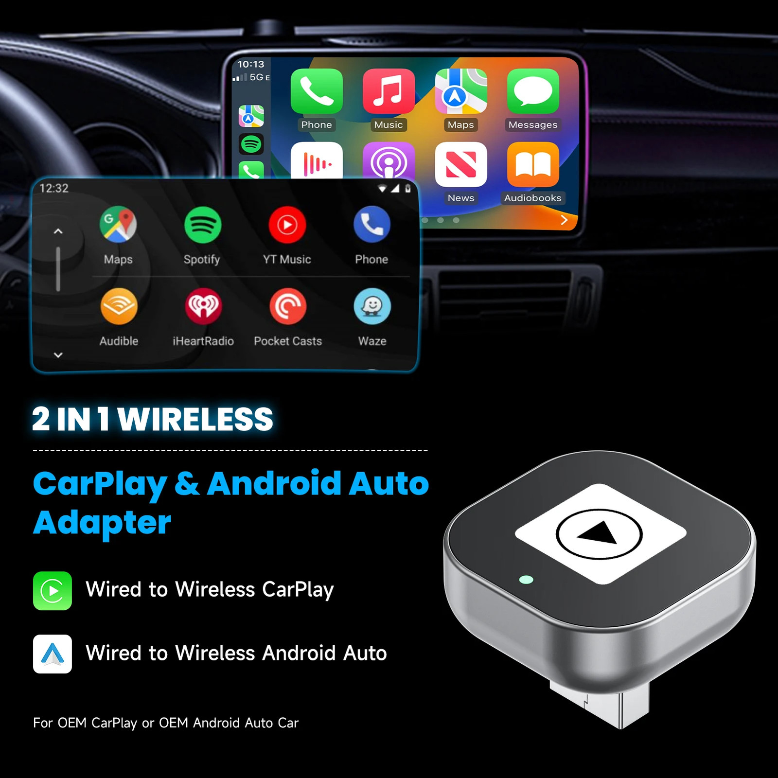 Wireless CarPlay&Android Auto Adapter–Wired To Wireless Plug&Play Auto Reconnect
