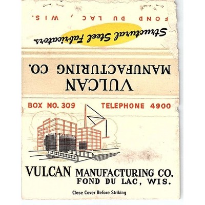 Vulcan Mfg Co Fond Du Lac WI Vintage Large Matchbook Cover ML1-7