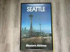 Vintage Western Airlines Seattle Poster Framed Under Glass 38” X 25” GORGEOUS!