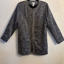 Chico's Jeweled Neckline Tweed Blazer Pockets Tunic Length Classic Polished Sz 2