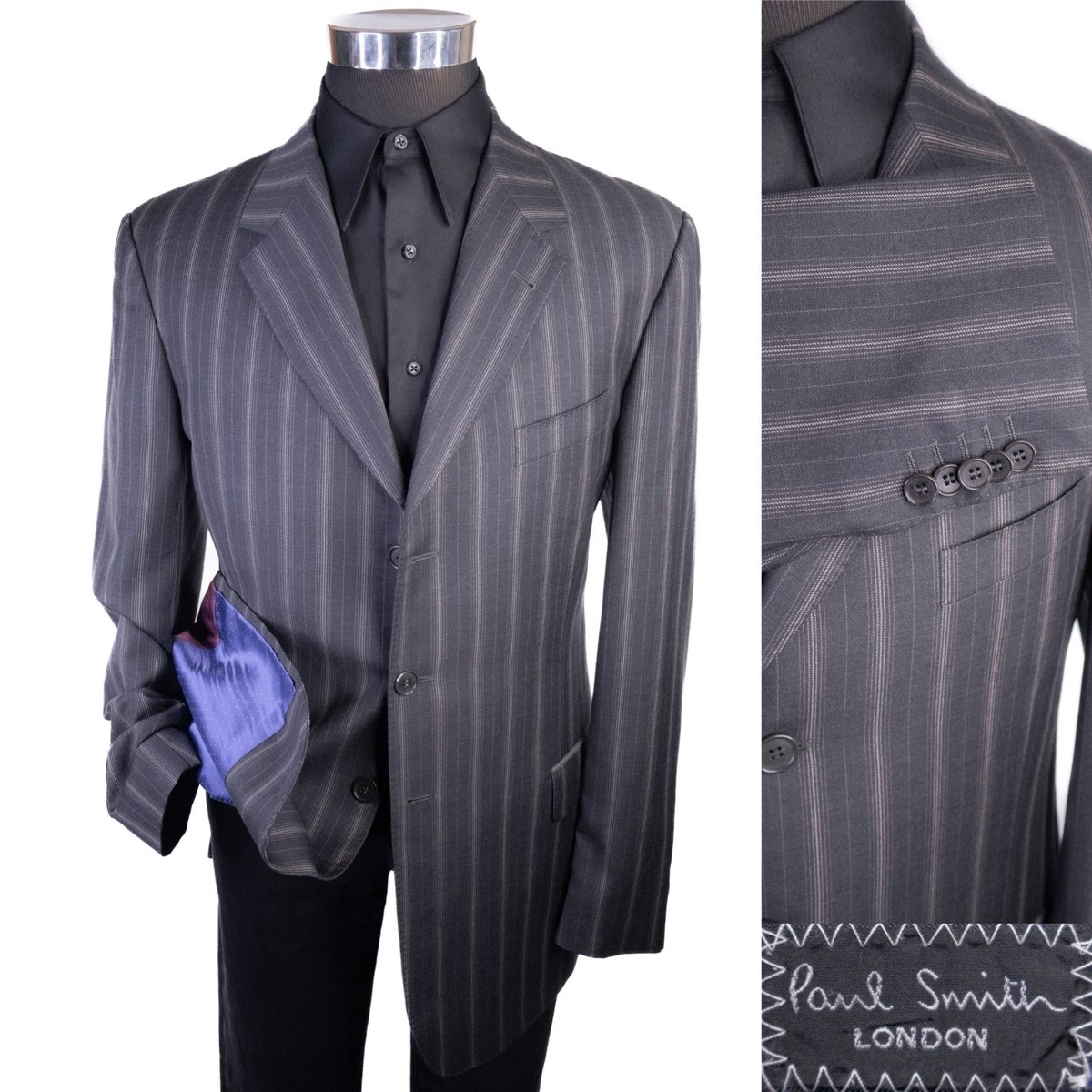 Paul Smith London Gray Striped Three Button Sport Coat Blazer Sz 40L Wool Jacket