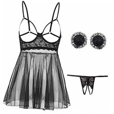 Women Lingerie Babydoll Nightgown Mini Chemise Cut Out Mesh Lingerie Teddy