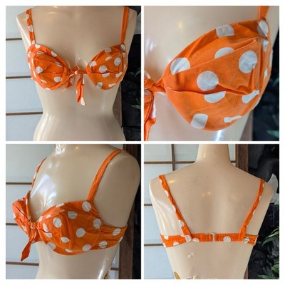 Vtg 60s Bikini Swimsuit Bra Top 30A Tie Front Underwire Cotton Orange Polka Dot