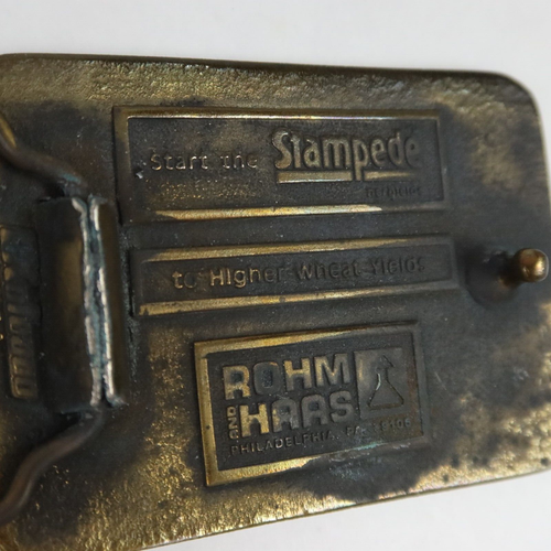 Vintage Stampede Spring Wheat Belt Buckle Farmer 70s Koleaco Rohm Haas Seed USA - Picture 5 of 13