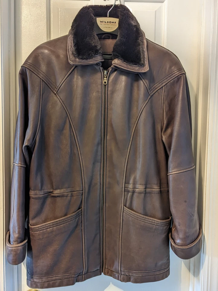 Chaqueta de cuero marrón Wilsons Pelle Studio - Forro aislante extraíble y cuello de piel