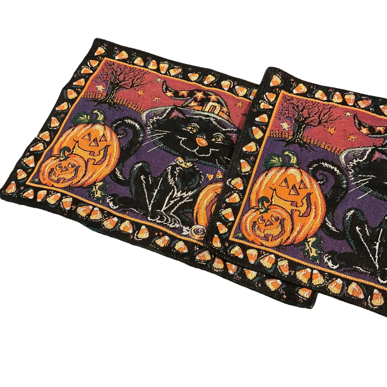 Vintage 1990s Halloween Tapestry Placemats Black Cat Pumpkin Candy Corn