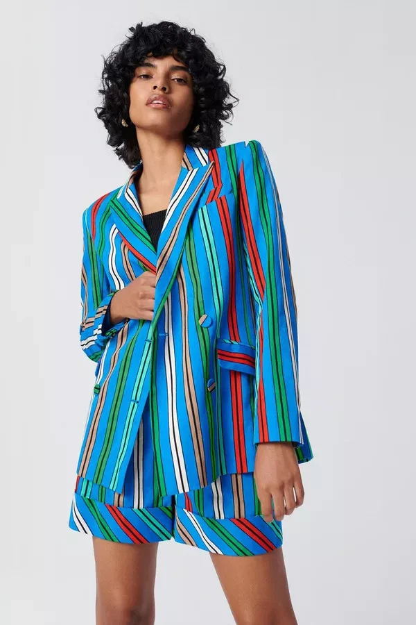 NWT $518 Diane Von Furstenberg Madison Stripe Dbl Breasted Jacket 10 Cottn/Linen