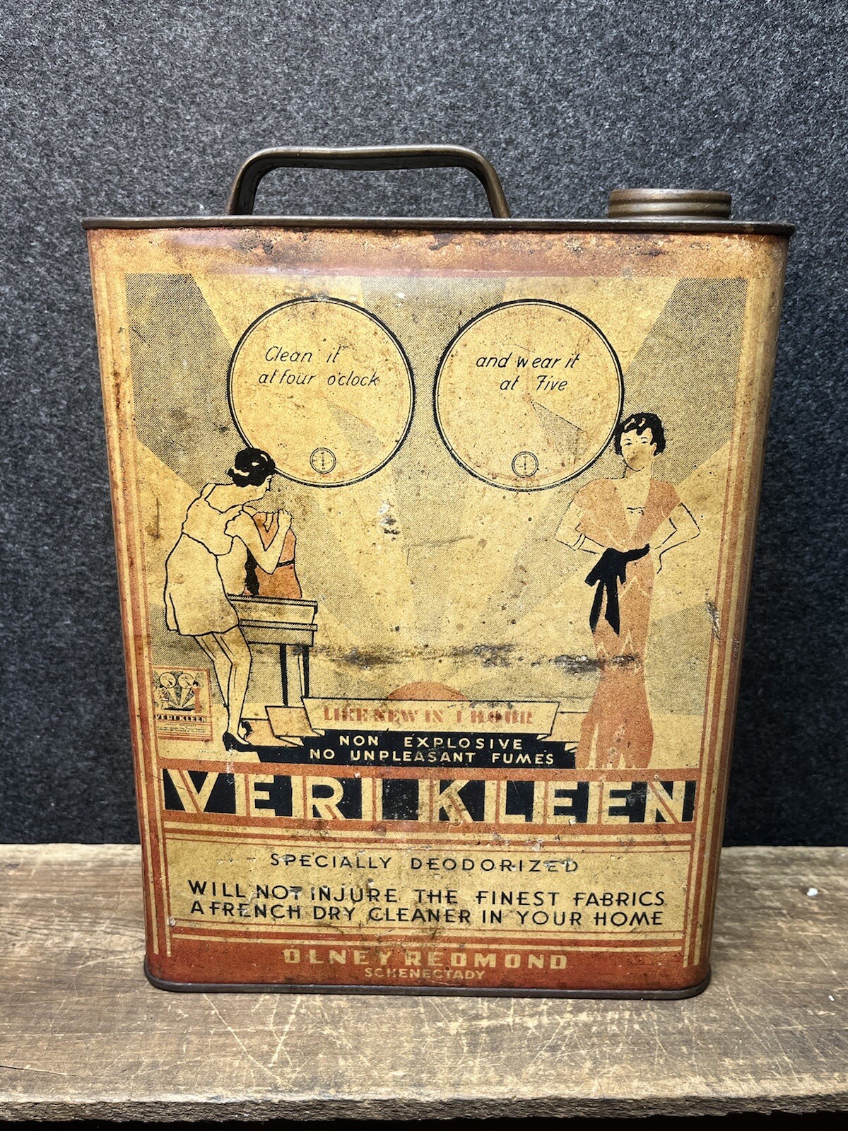 Vtg 1920s VERI KLEEN French Dry Cleaner 1 Gallon Slim Oil Can Tin