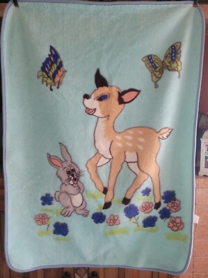 Vintage Child's BABY BLANKET Deer Bunny Rabbit Butterflies Baby Blue  -54x40