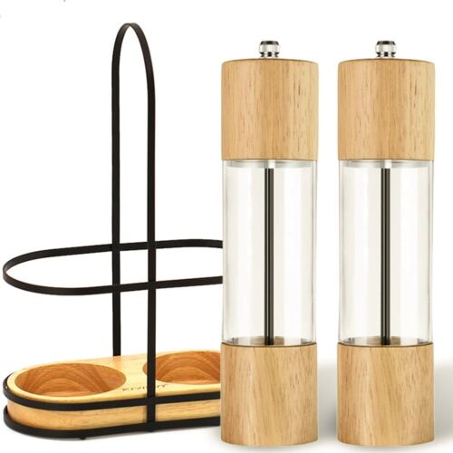 Wooden Salt and Pepper Grinder Mill with Stand Set for Home Kitchen Adjustable - Picture 1 of 15