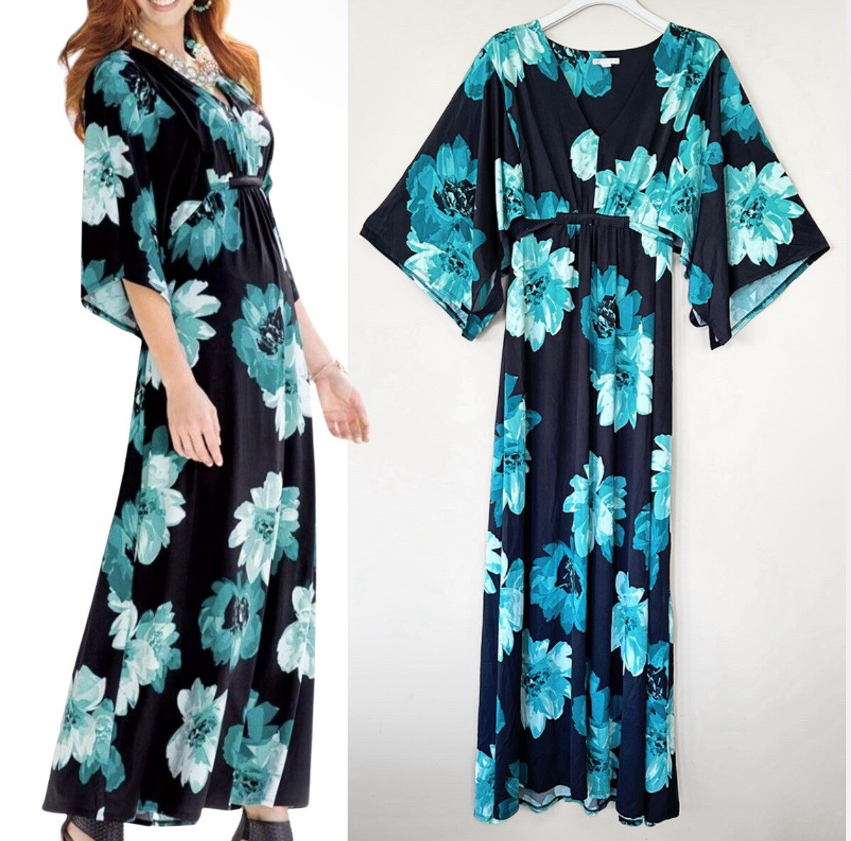 Cato Maxi Dress 18/20 W Black Blue Green Floral Short Sleeve Vneck Kaftan Kimono-image