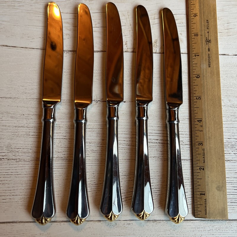 Lot of 5 Oneida Golden Juillard Cube 18/10 Stainless  Dinner Knives Gold Tips