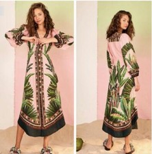 Farm Rio Dress Size Small Amazonia Forest Linen Maxi Long Sleeve NEW Summer