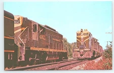 Postcard Grand Trunk RY EMD Geeps Train #16 & Train 493 Gilead Maine