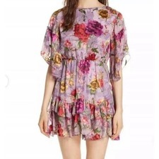 Alice + Olivia Katrina Lavender Burnout Floral Ruffle Tiered Mini Dress Silk 6
