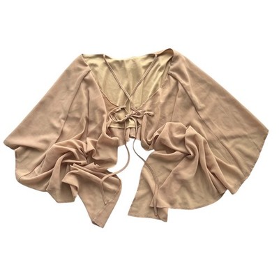 Womens Sz XL Beige Sheer Open Front Tie Neck Flowy Kimono Cape Overlay Chic Boho