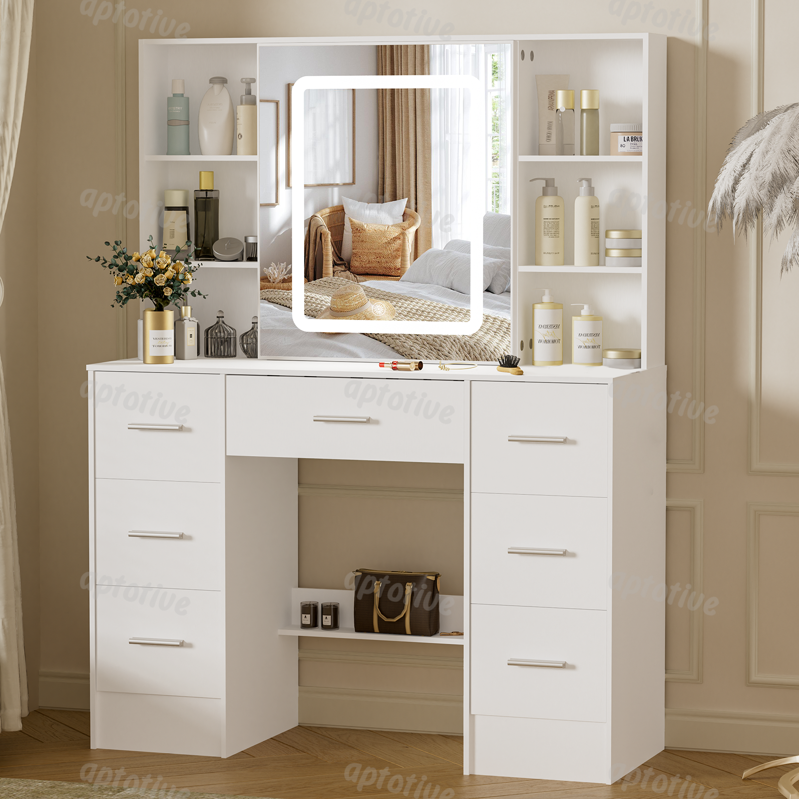 Bedroom Vanity Dressing Table with Mirror and Adjustable LED Strip Makeup Desk