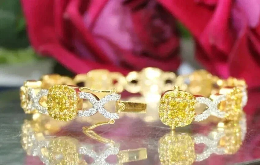 8 克拉圆形实验室制造的黄色黄水晶和钻石手链 14K 镀黄金 — 第 4/4 张图片