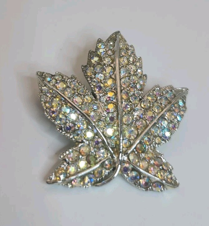 Vintage Silver Tone Leaf Brooch With Aurora Borealis Crystals 2