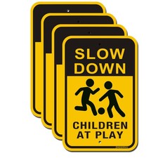 Slow Down Children at Play Signs 4-Pack, Reflective Metal Kids Playing Signs,...
