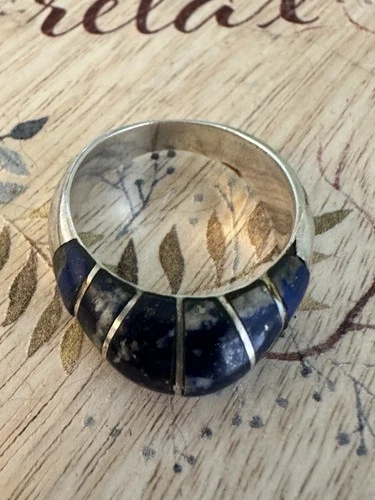 Vintage 950 Silver Chile Lapis Lazuli Inlaid Flush Domed Ring Band Size 7