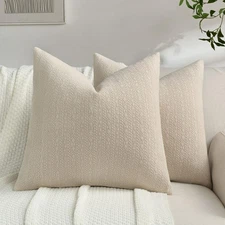 Beige Chenille Throw Pillow Covers 18x18 Inch Set of 2,Luxuriously Soft Argyl...