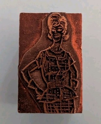Mid Century 60s Woman Ad Printer Printing Block Metal Plate Wood Vintage