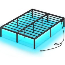 Queen Bed Frame w/ USB Charging Station LED Light Platform Heavy Duty Steel Slat