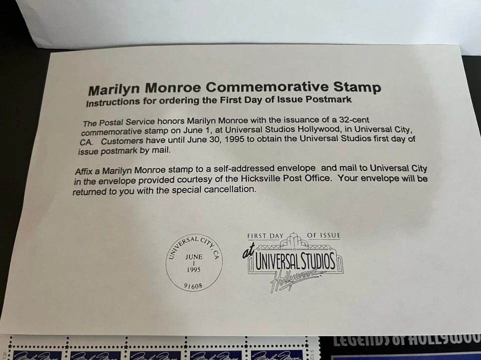 Marilyn Monroe Universal Studios June 1st 1995 1st Day Issue Stamps, Certificate - Image 4 of 4