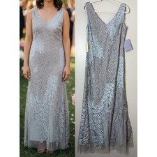 JS Collections Dress 14 Blue Gray Embroidered Ribbon Wedding Guest Formal Gown