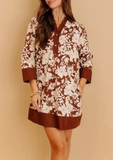 Floral Shift Dress 3/4 Sleeves, Collared Button Neckline Brown White