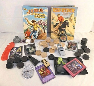 Vintage Junk Drawer Lot- Boy's Dresser Stuff- Wooden Checkers, Red Ryder, GI Joe