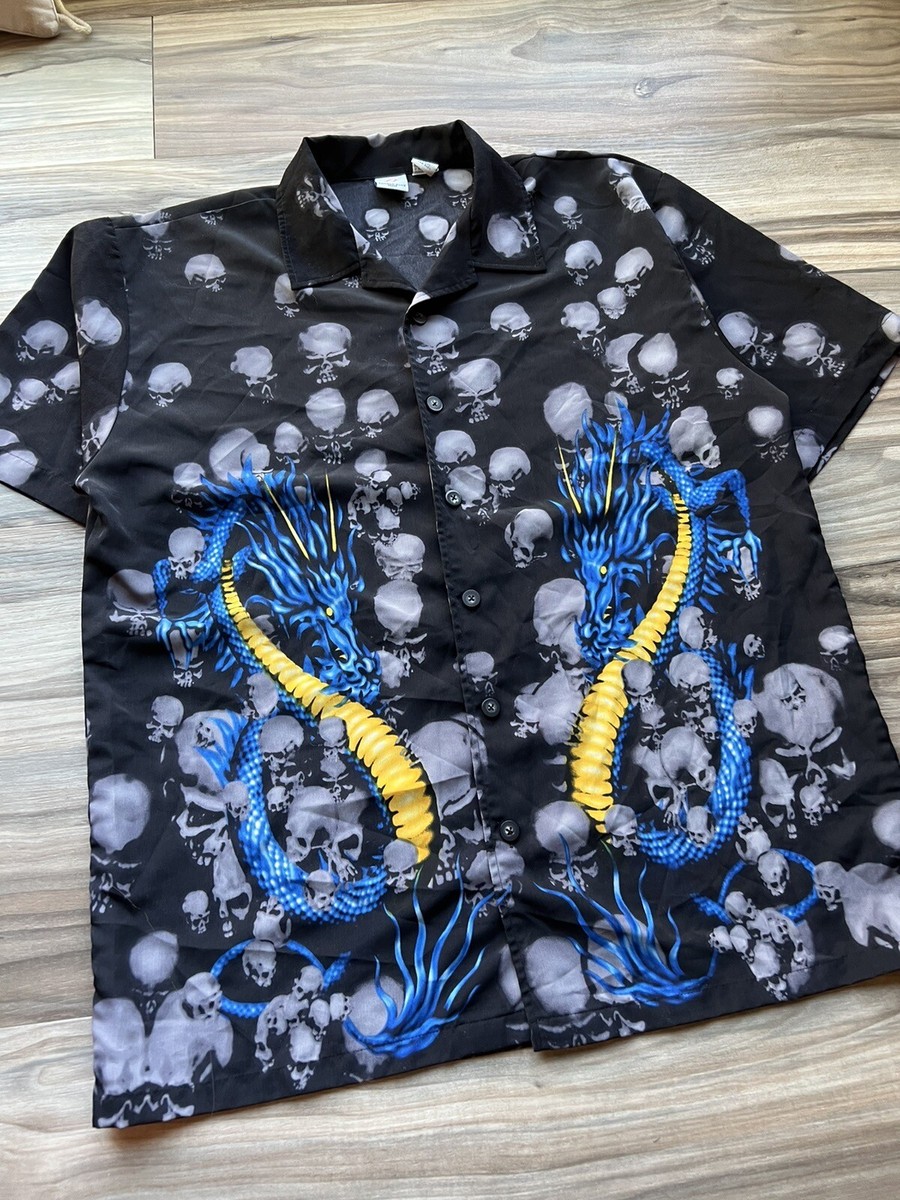 Vintage Anchor Blue SS Button Up Black Shirt Mens Large Skulls