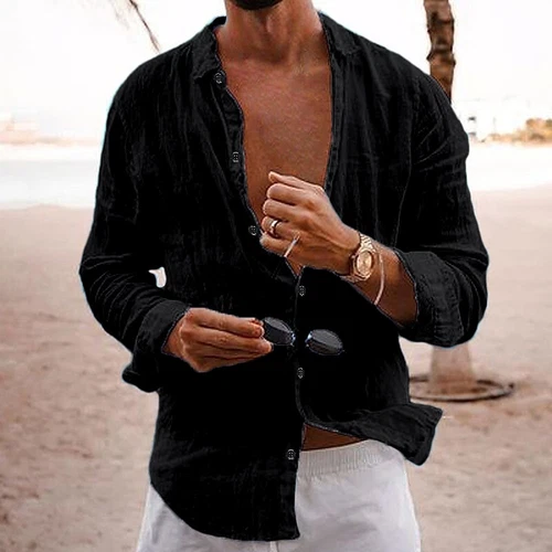 Mens Casual Cotton Linen Shirt Long Sleeve Loose Blouse Button Down Shirts-Tops - Picture 25 of 33