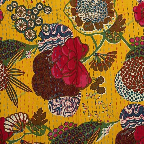 Colcha De Kantha Doble Con Patrón De Flores De Algodón Amarillo Boho Gitano - Imagen 4 de 7