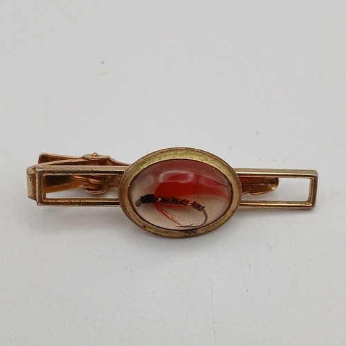 Vintage Anson Krawattennadel Clip Lucite rot Fliegenfischen Köderhaken goldfarbene Stange signiert