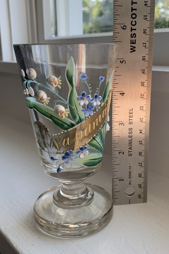 Victorian Hand Painted Enamel Bohemian Czeck Glass Goblet Wine Floral Memorial - Picture 21 of 23