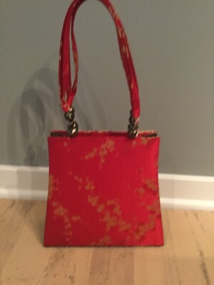 Franchi Red Gold Asian Satin Print Evening Handbag Purse
