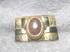Small Gold Plated Hatch Design Buckle Sparking Orange Stone Center Vintage Great