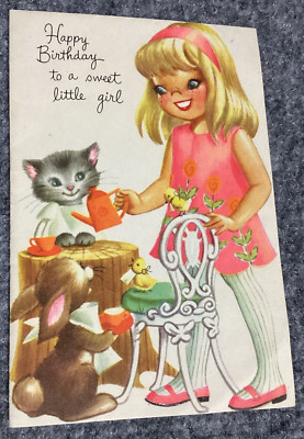 Vintage Greeting Card Happy Birthday Sweet Girl Girl Bunny Cat 1970s ...