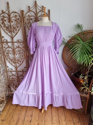 Vintage purple lilac cotton lace cottagecore 70s prairie maxi dress