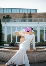 wedding dress size small, no damage, open back, trumpet, plume, long sleeve