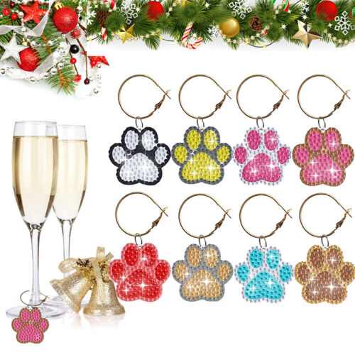 8PCS Diamond Painting Art Pendant Cute Dog Paw Diamond Wine Glass Charms Flower - Picture 1 of 26