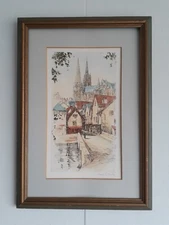 Henri Le Riche View of a Bridge Color Etching Signed