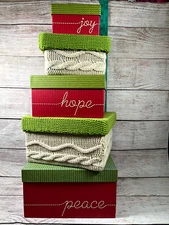 Set of 5 Holiday Christmas Stacking Nesting Boxes Sweater pattern Joy Hope Peace