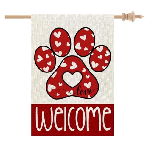 CROWNED BEAUTY Paw Print House Flag 28X40 Inches Double 28"X40" Red 28X40"